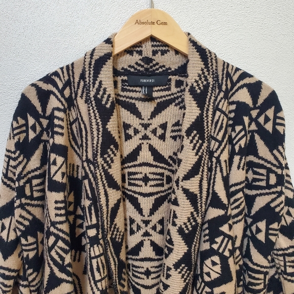Forever 21 tan black waterfall cardigan sweater tribal print boho size medium - Picture 6 of 16
